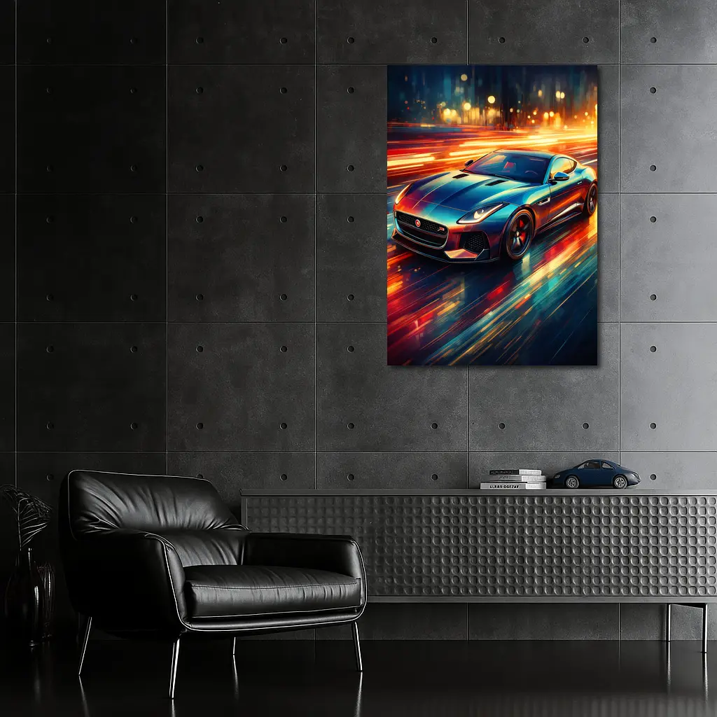 Jaguar F Type Racing Through Neon City – Wall Art