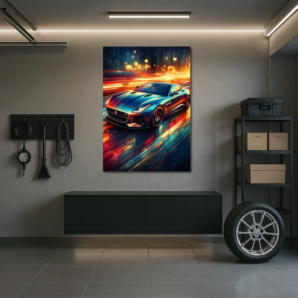 Jaguar F Type Racing Through Neon City – Wall Art