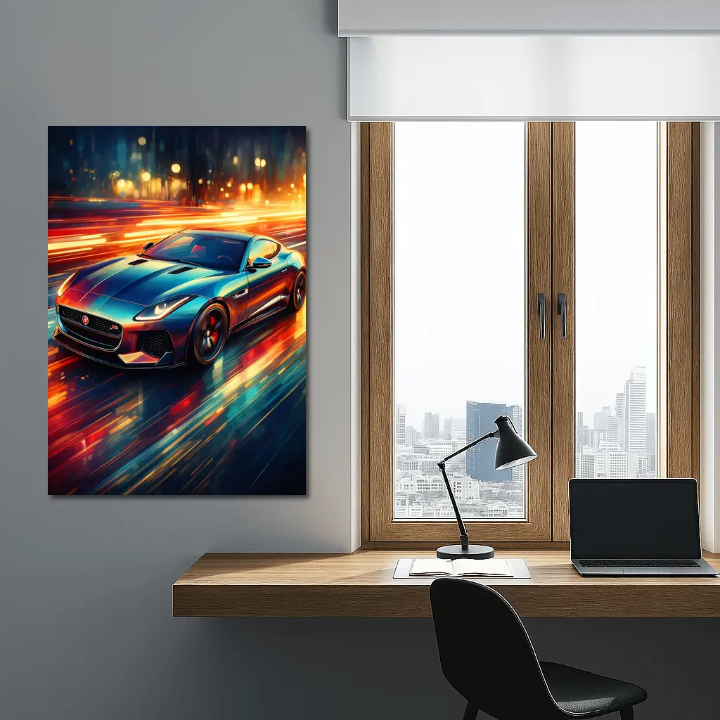 Jaguar F Type Racing Through Neon City – Wall Art
