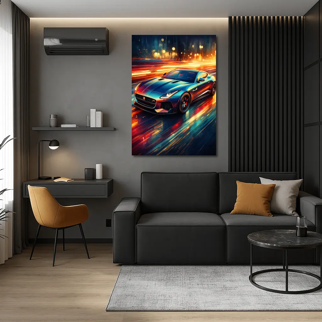Jaguar F Type Racing Through Neon City – Wall Art