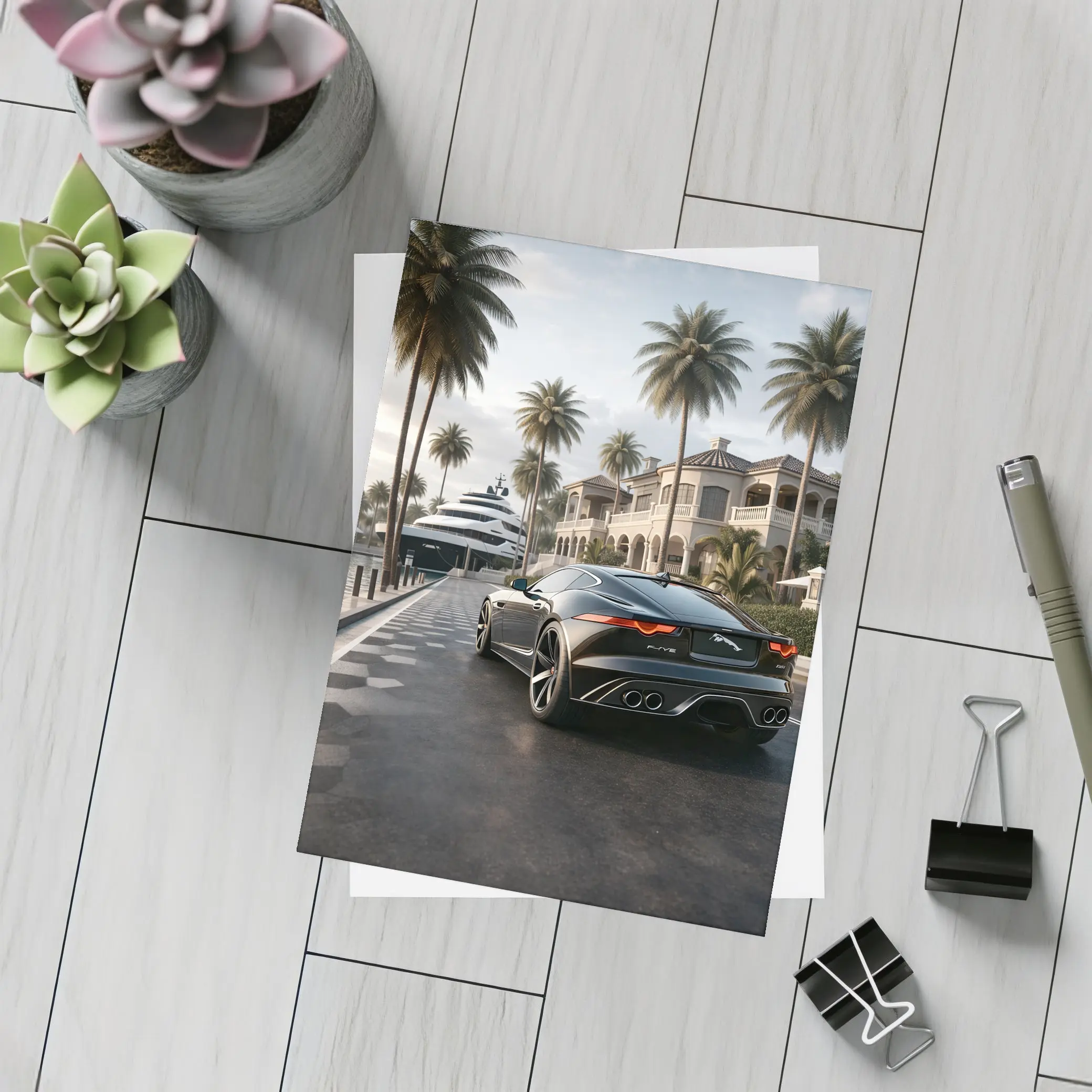 Jaguar F Type Black Mansion Palm Trees – Postcards