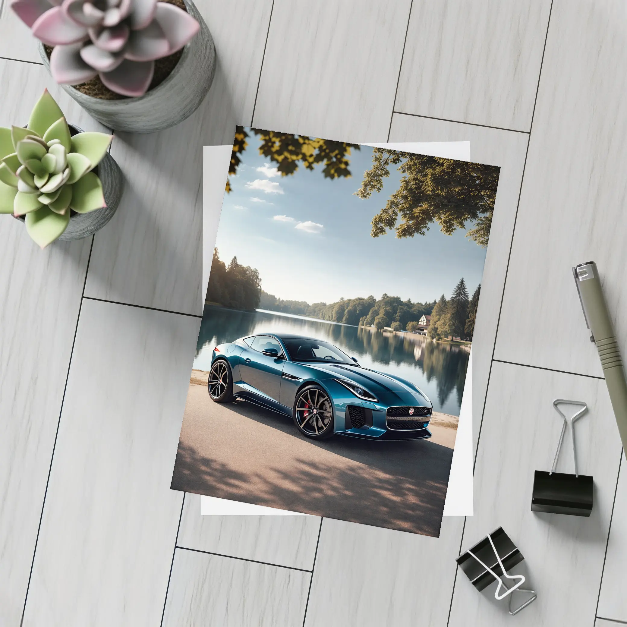 Jaguar F Type Parked By Calm Lake – Postcards