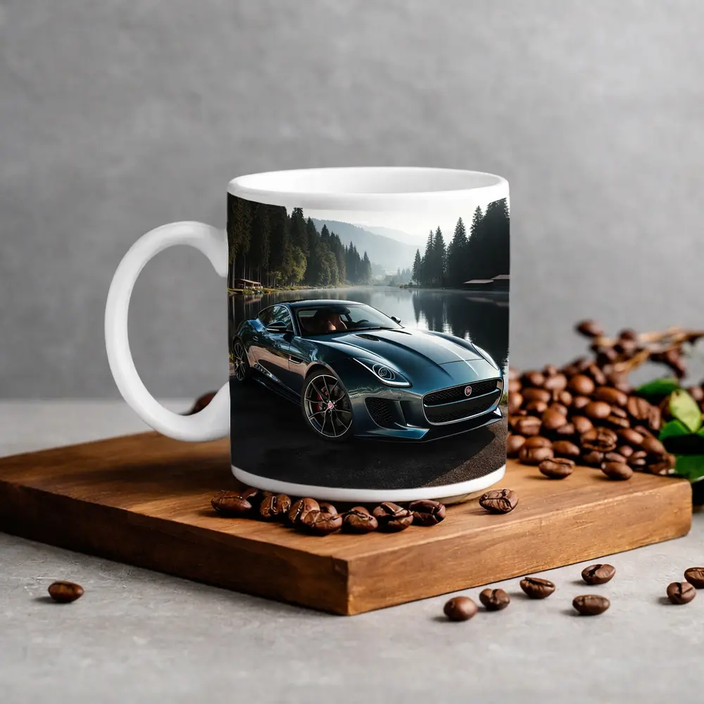 Jaguar F Type Parked By Misty Lake – Mugs