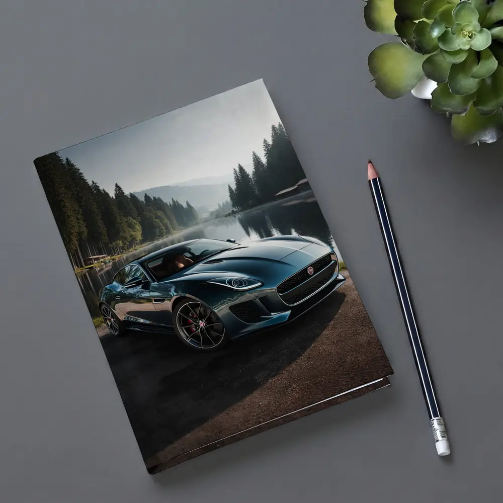 Jaguar F Type Parked By Misty Lake – Notebooks