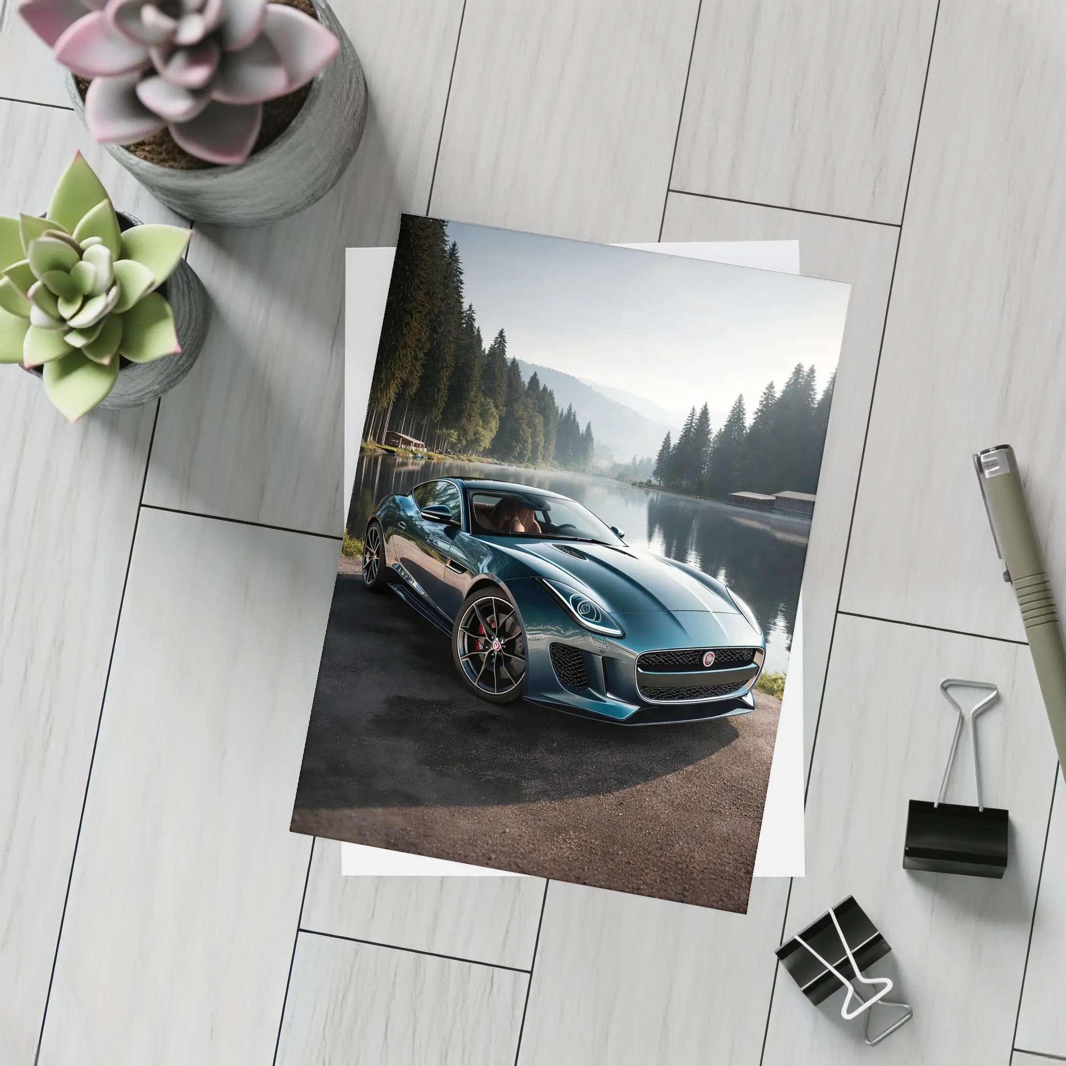 Jaguar F Type Parked By Misty Lake – Postcards