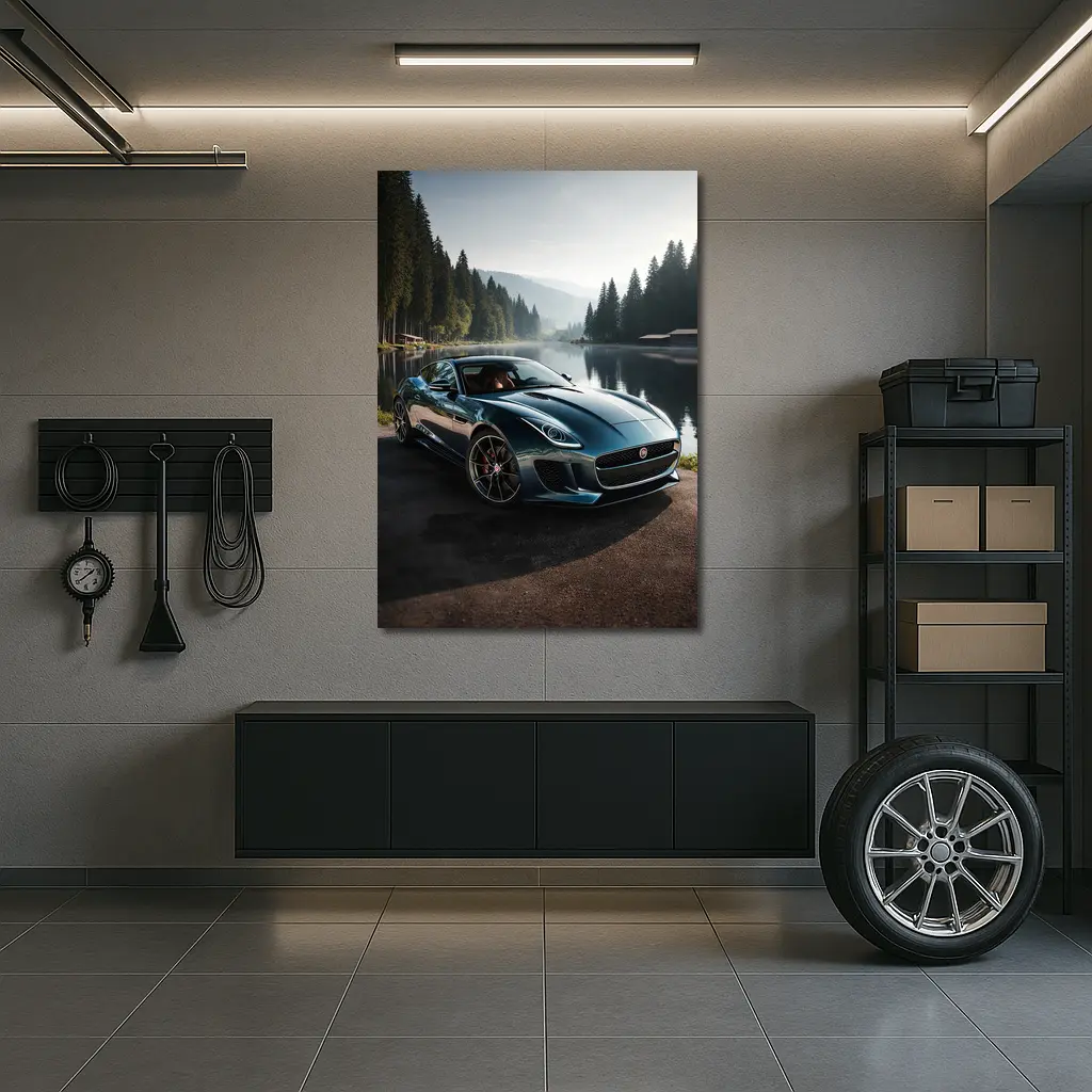 Jaguar F Type Parked By Misty Lake – Wall Art