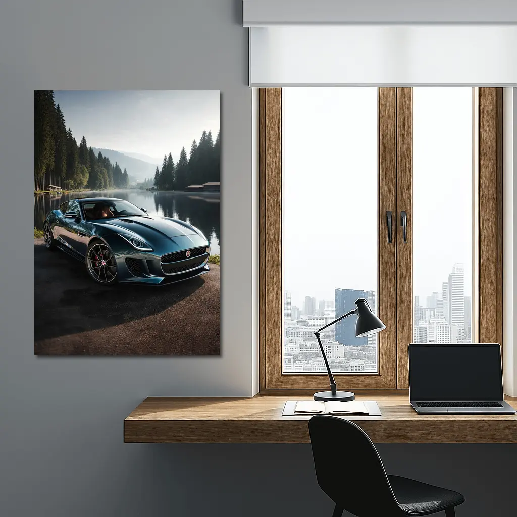 Jaguar F Type Parked By Misty Lake – Wall Art