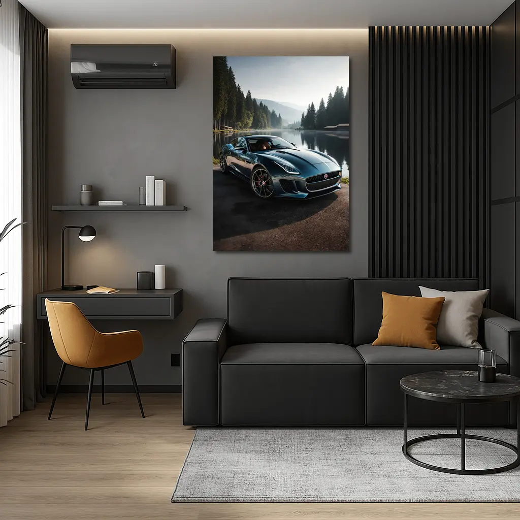 Jaguar F Type Parked By Misty Lake – Wall Art