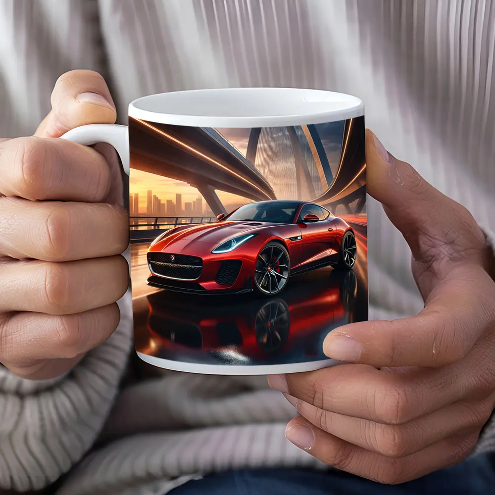 Jaguar F Type Red on City Bridge – Mugs