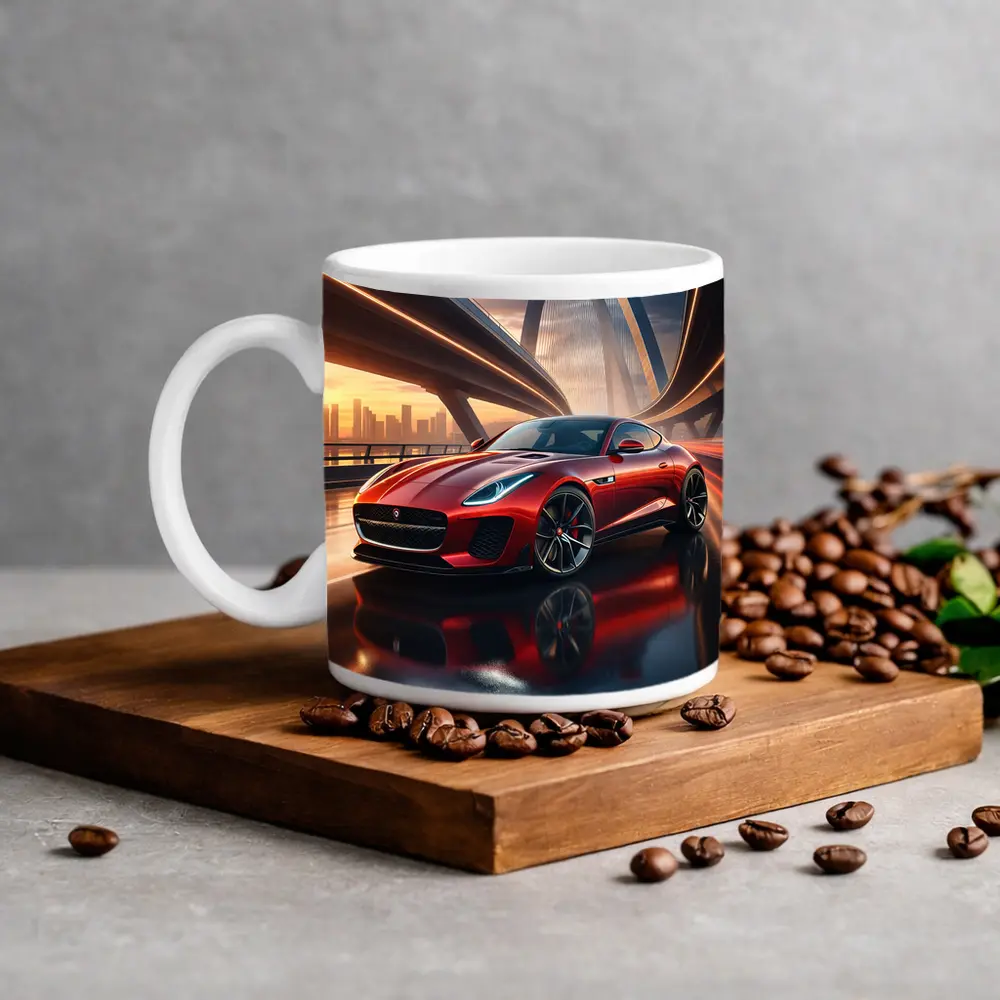 Jaguar F Type Red on City Bridge – Mugs
