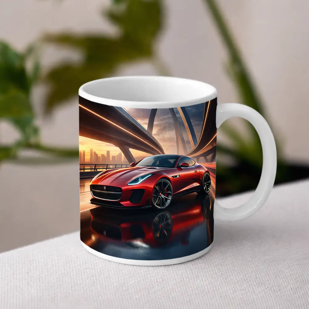 Jaguar F Type Red on City Bridge – Mugs
