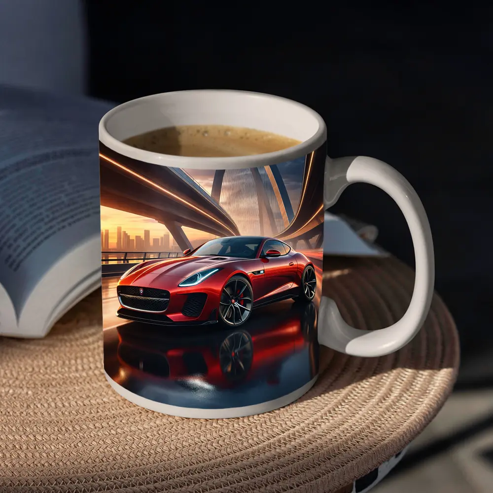 Jaguar F Type Red on City Bridge – Mugs