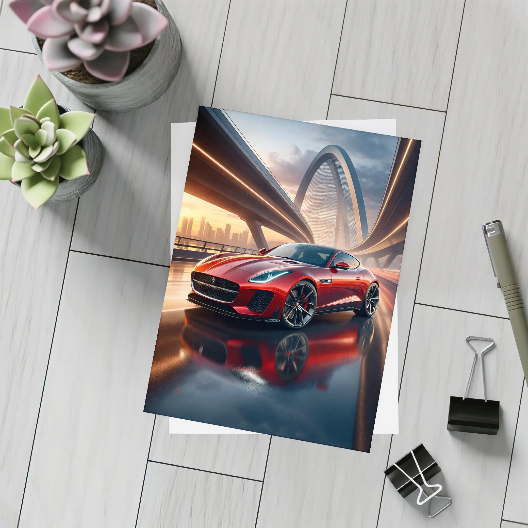 Jaguar F Type Red on City Bridge – Postcards