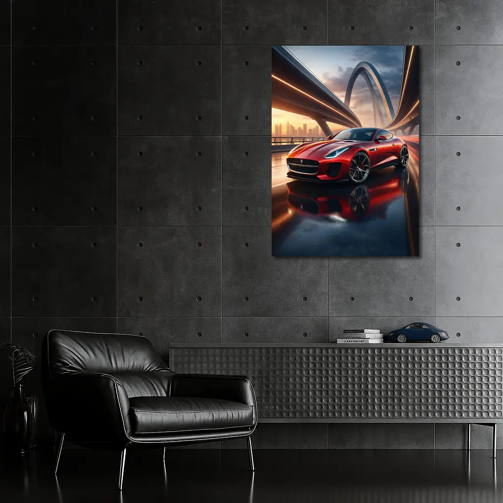 Jaguar F Type Red on City Bridge – Wall Art