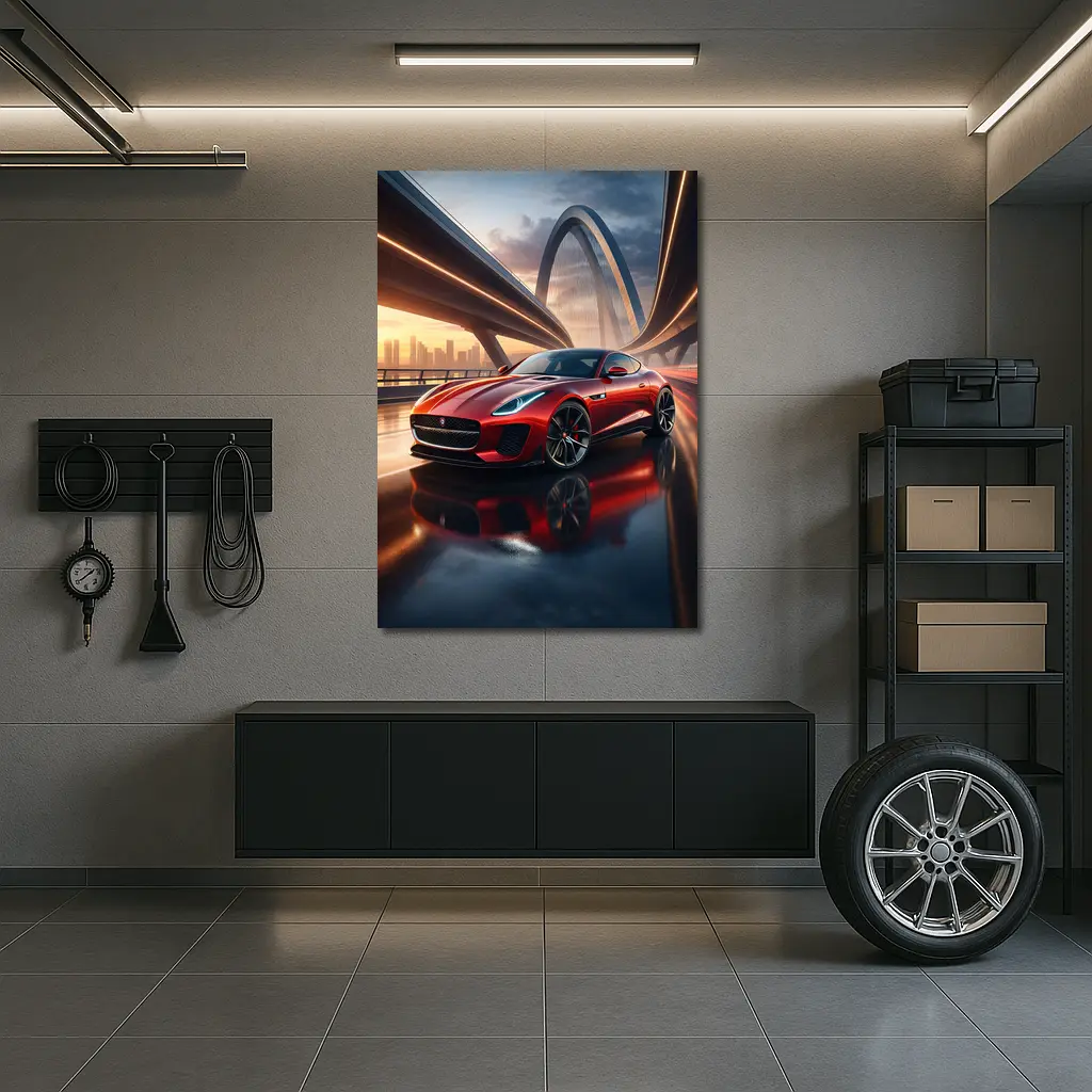 Jaguar F Type Red on City Bridge – Wall Art