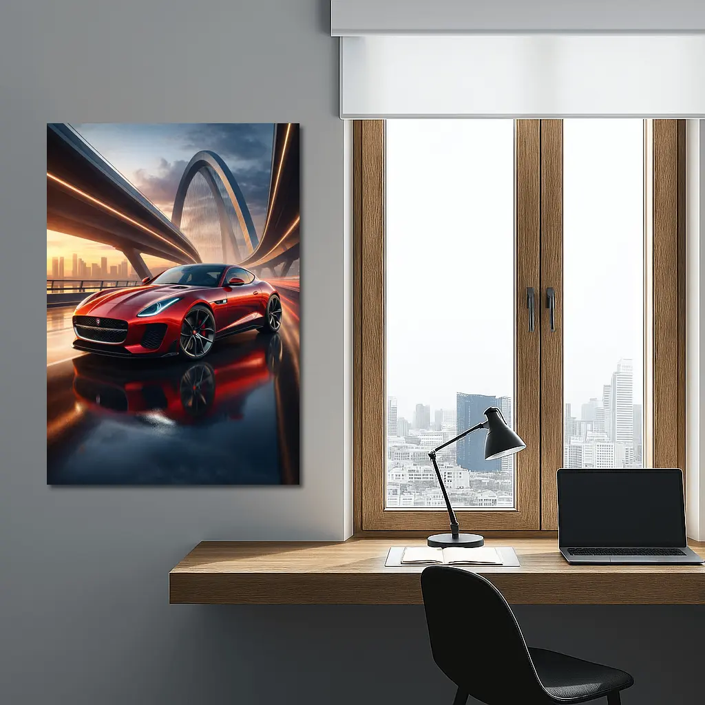 Jaguar F Type Red on City Bridge – Wall Art