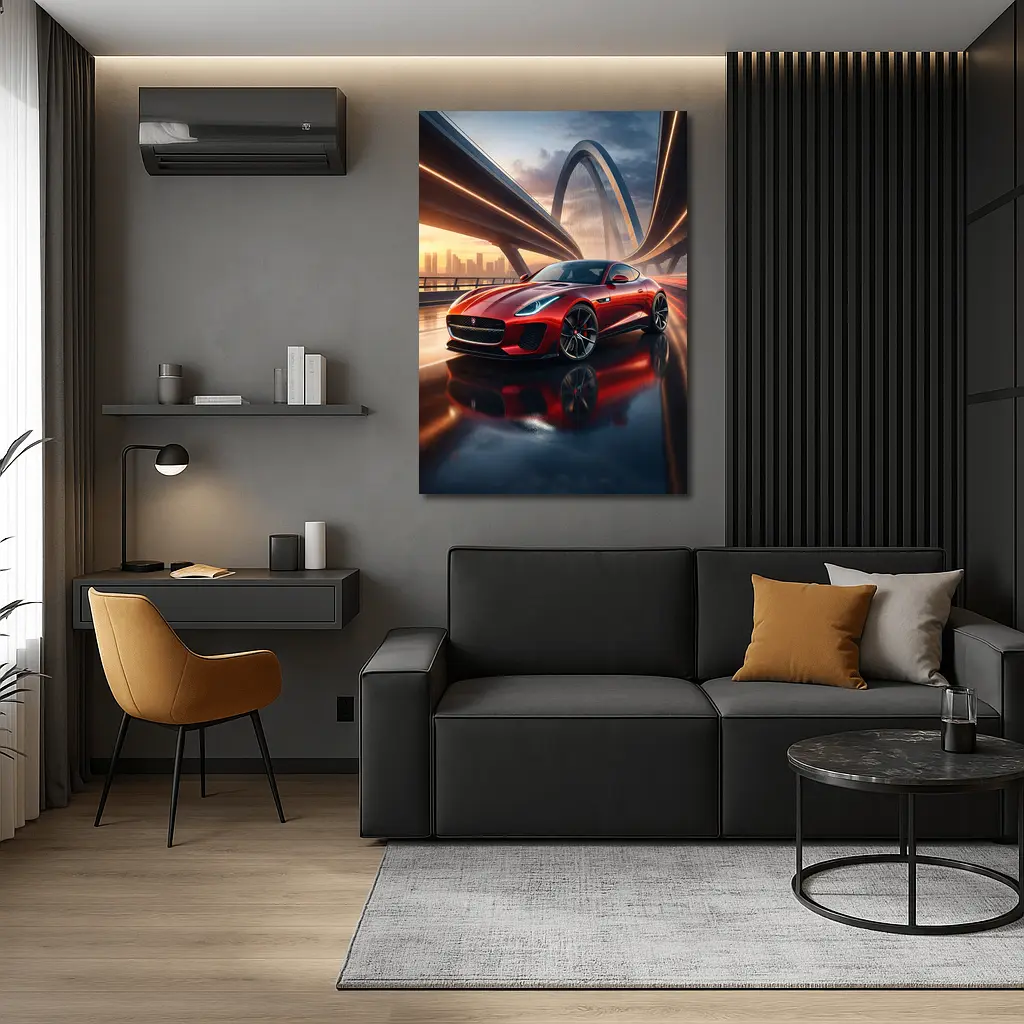 Jaguar F Type Red on City Bridge – Wall Art