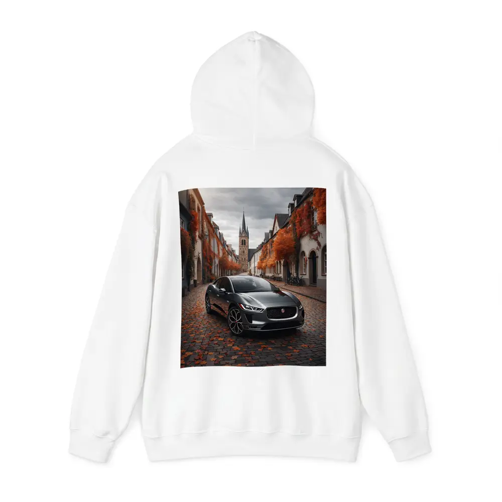 Jaguar I Pace on Cobblestone European Street – Hoodies