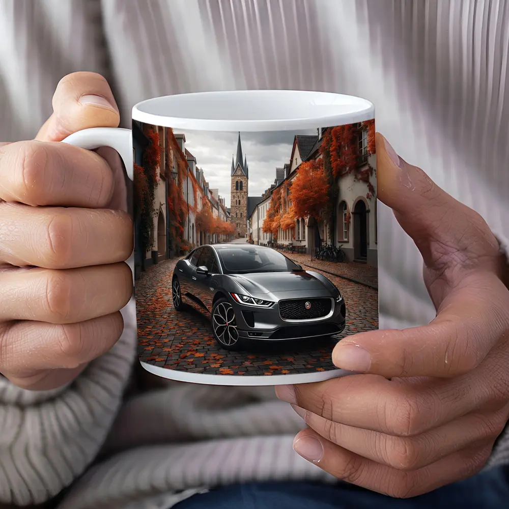 Jaguar I Pace on Cobblestone European Street – Mugs