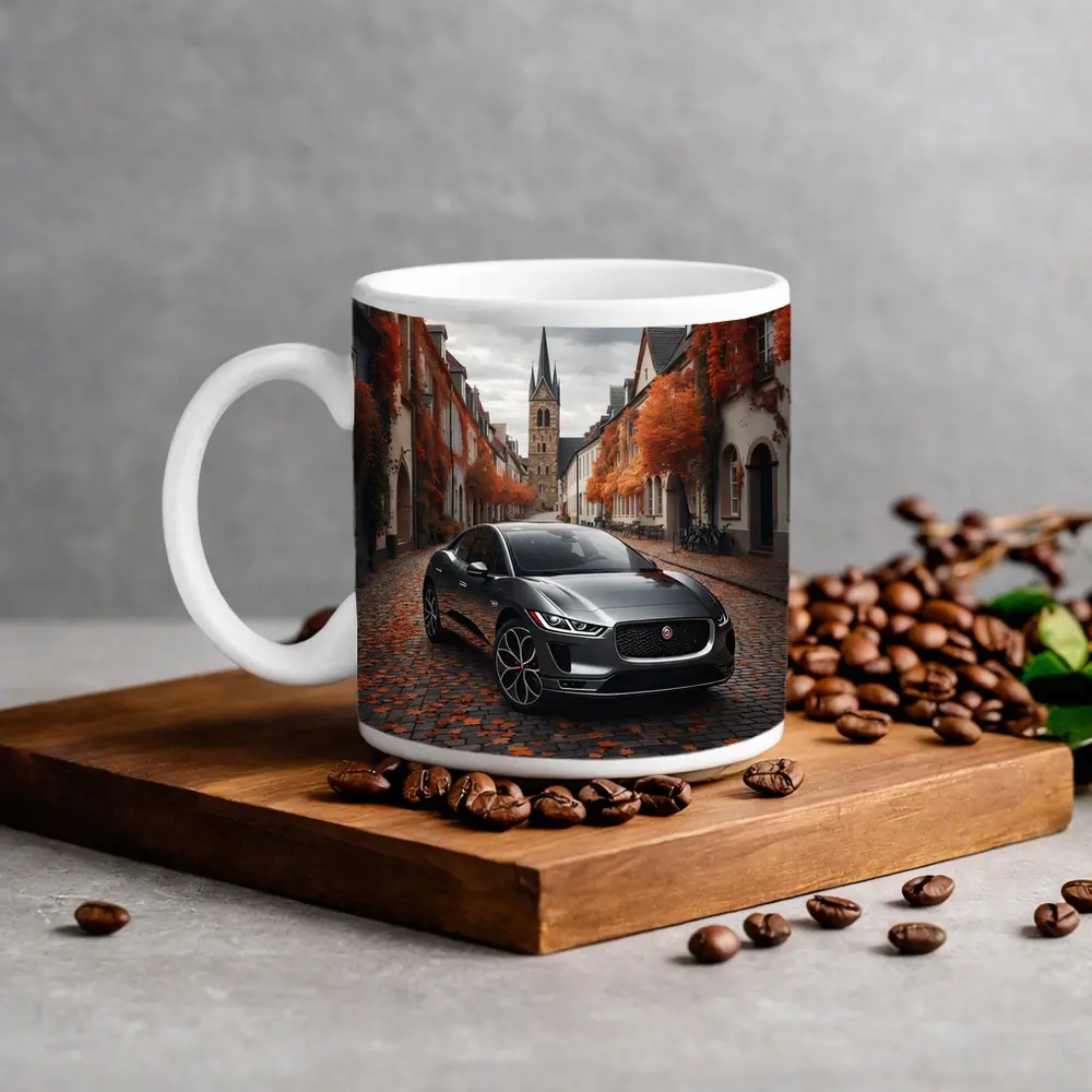 Jaguar I Pace on Cobblestone European Street – Mugs