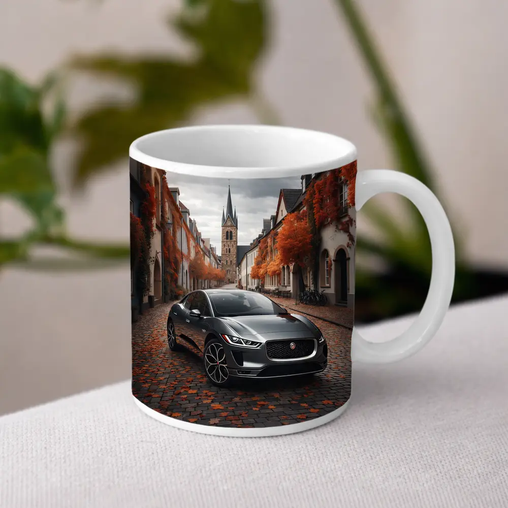 Jaguar I Pace on Cobblestone European Street – Mugs