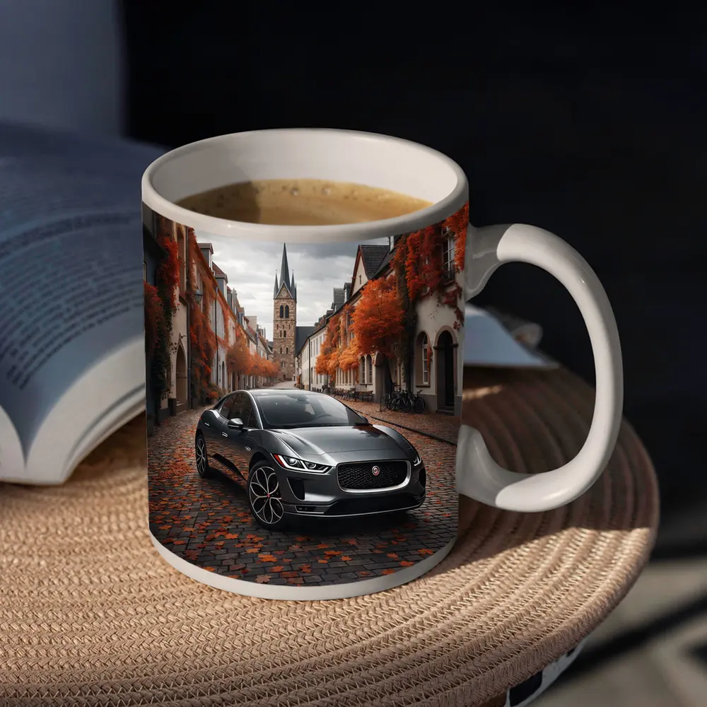 Jaguar I Pace on Cobblestone European Street – Mugs