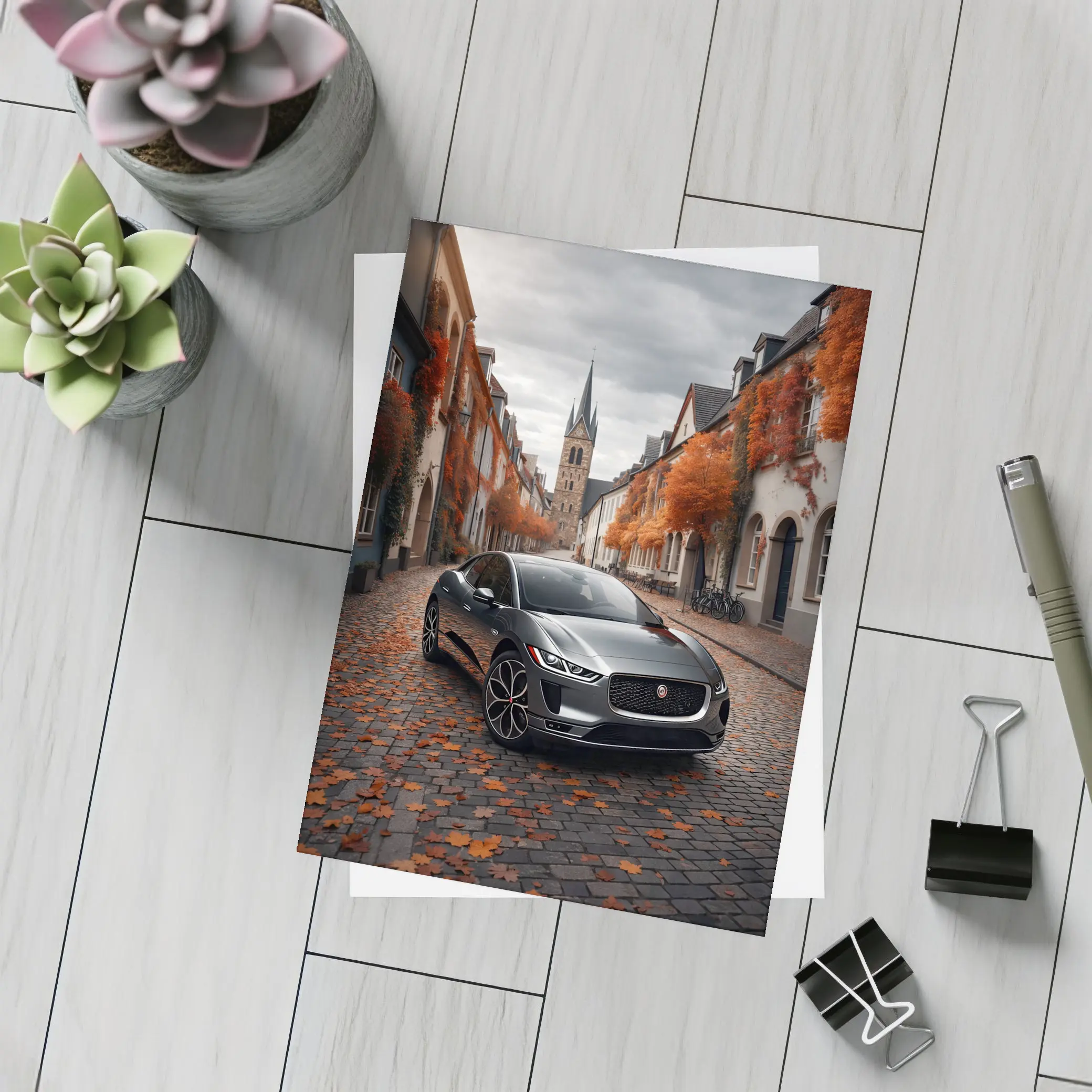 Jaguar I Pace on Cobblestone European Street – Postcards