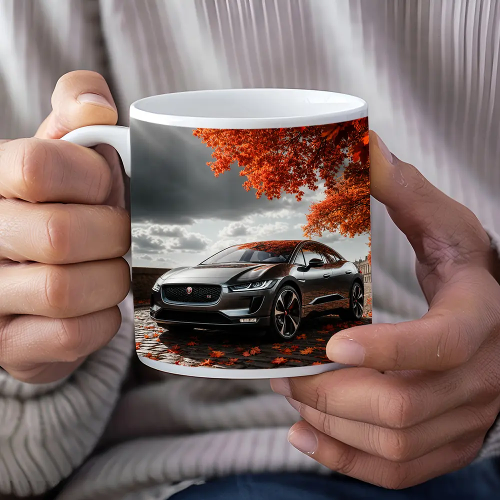 Jaguar I Pace On Autumn Cobblestone Street – Mugs