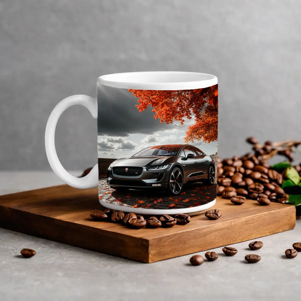Jaguar I Pace On Autumn Cobblestone Street – Mugs