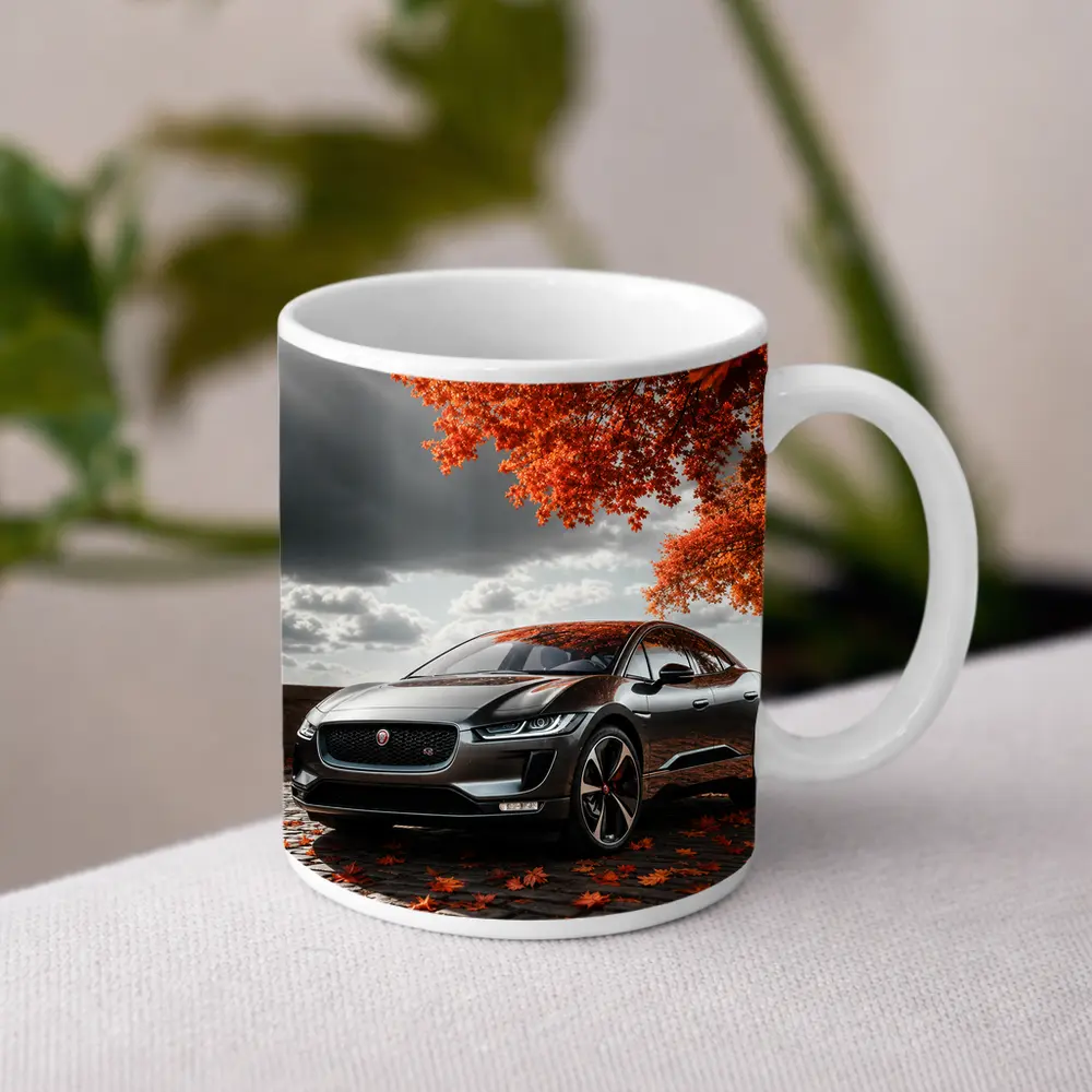 Jaguar I Pace On Autumn Cobblestone Street – Mugs