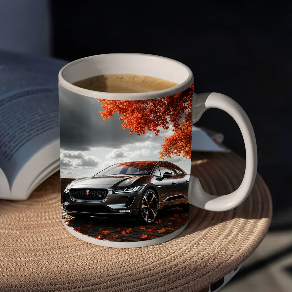 Jaguar I Pace On Autumn Cobblestone Street – Mugs