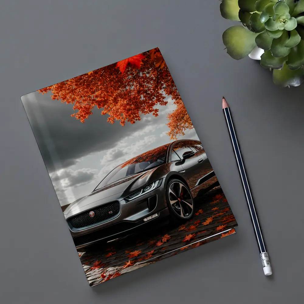 Jaguar I Pace On Autumn Cobblestone Street – Notebooks