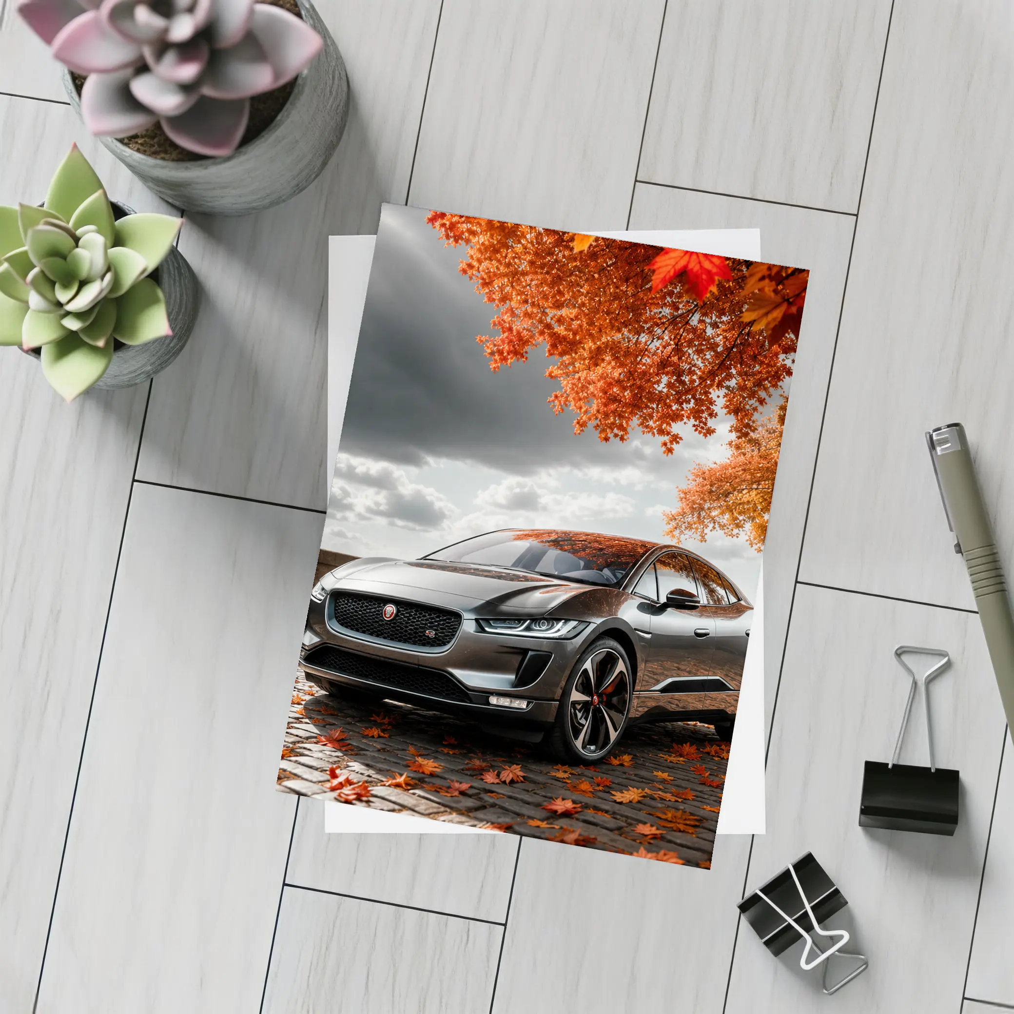 Jaguar I Pace On Autumn Cobblestone Street – Postcards