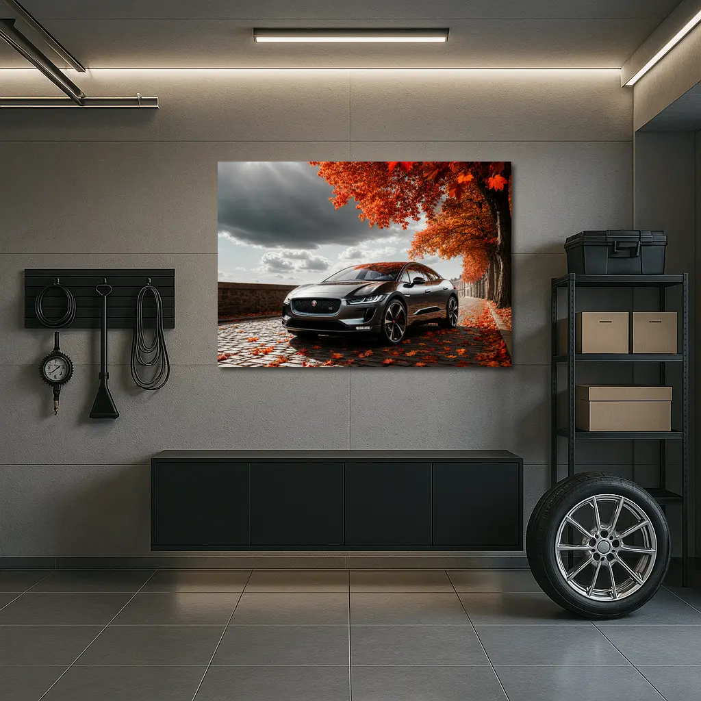 Jaguar I Pace On Autumn Cobblestone Street – Wall Art