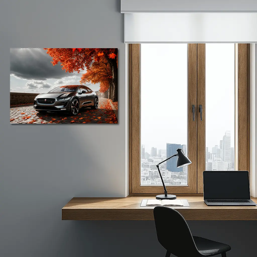 Jaguar I Pace On Autumn Cobblestone Street – Wall Art