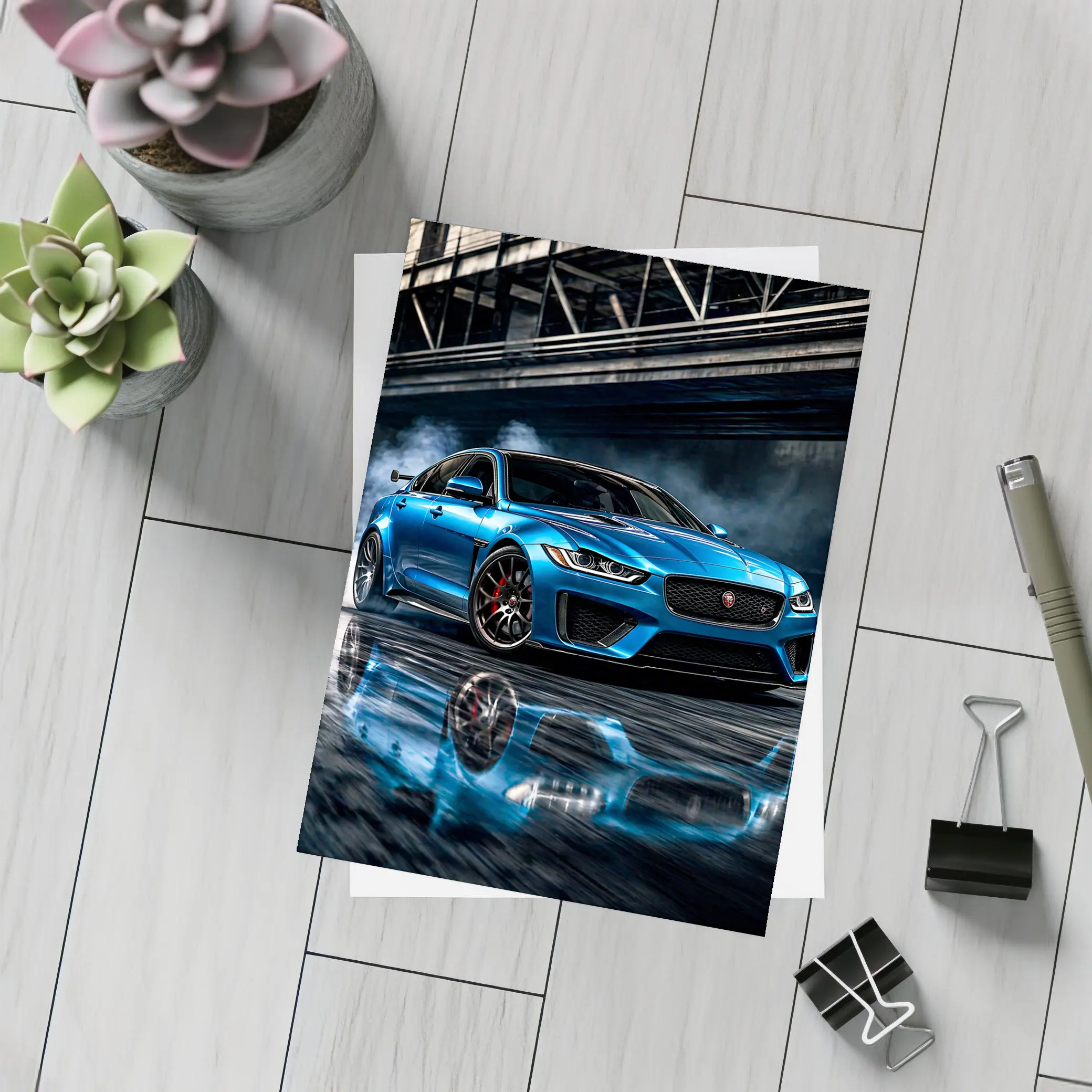 Jaguar XE Blue Sports Sedan Urban Setting – Postcards