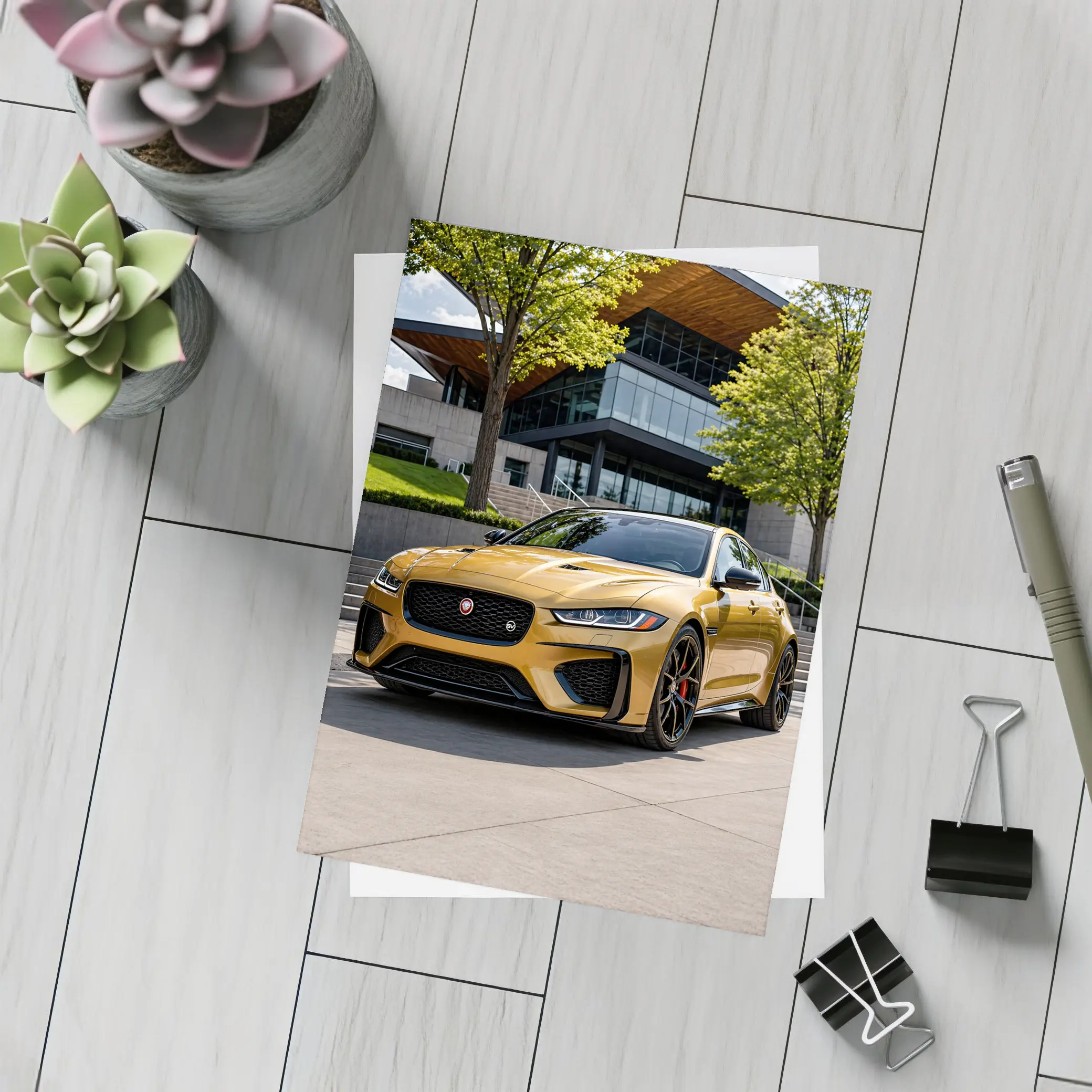 Jaguar XE SV Gold Modern Architecture Setting – Postcards