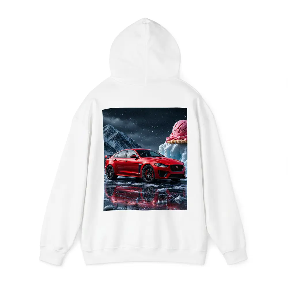 Jaguar XE SV Red Car Icy Mountain Scene – Hoodies