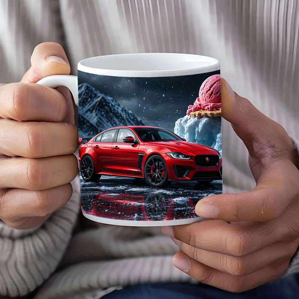 Jaguar XE SV Red Car Icy Mountain Scene – Mugs