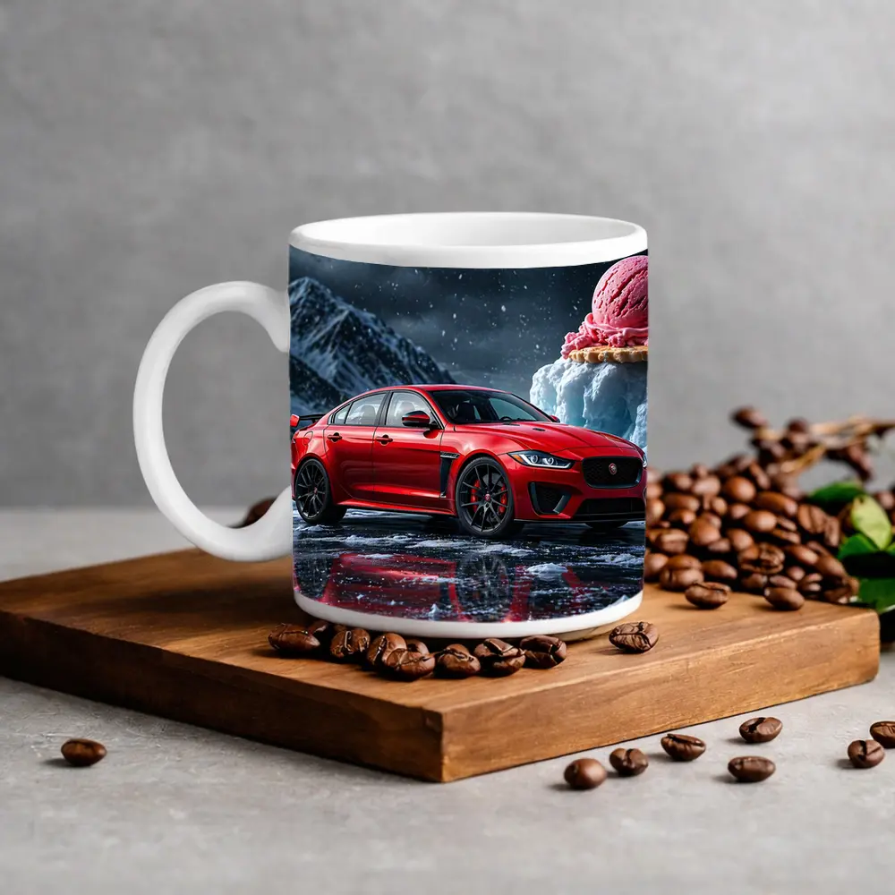 Jaguar XE SV Red Car Icy Mountain Scene – Mugs