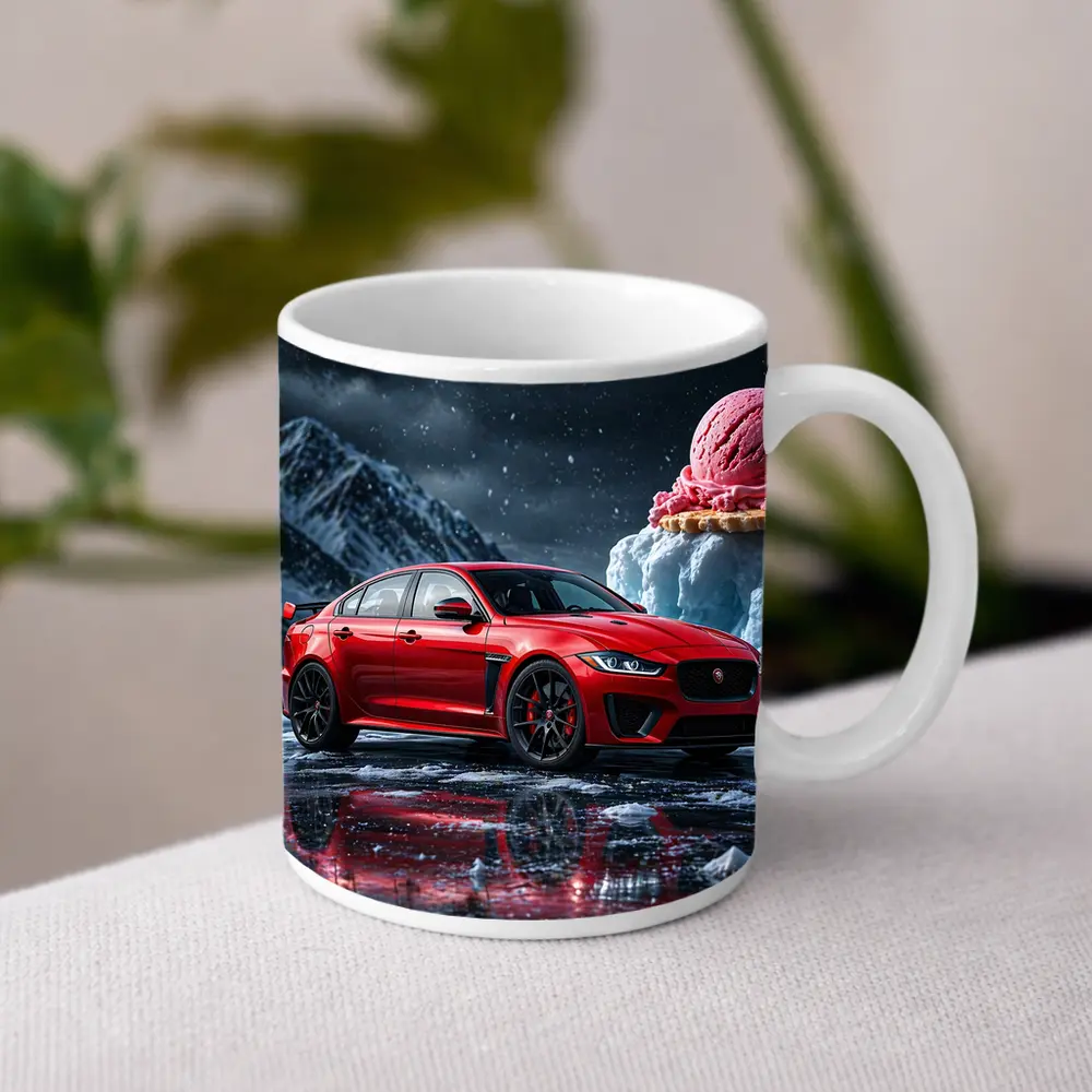 Jaguar XE SV Red Car Icy Mountain Scene – Mugs