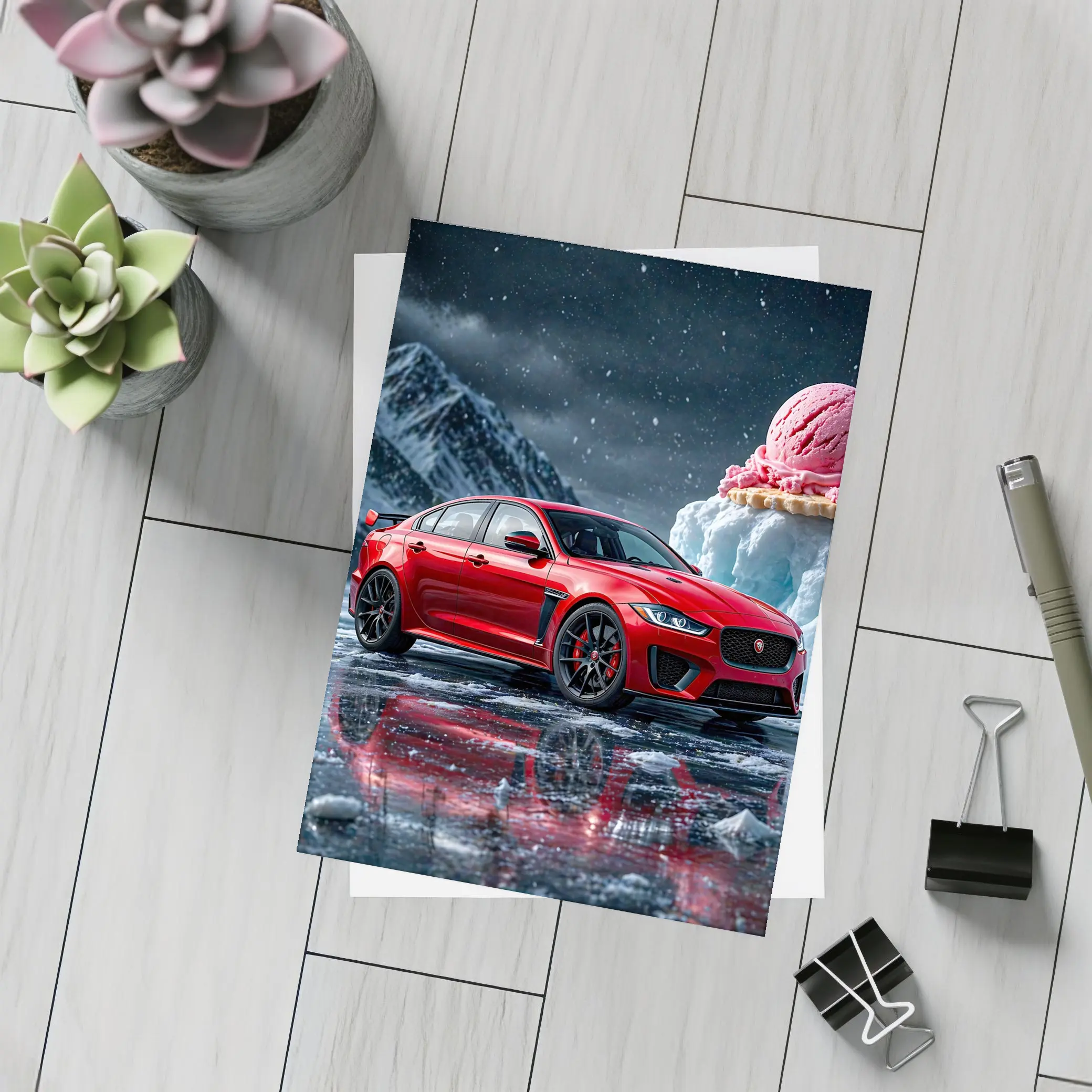 Jaguar XE SV Red Car Icy Mountain Scene – Postcards
