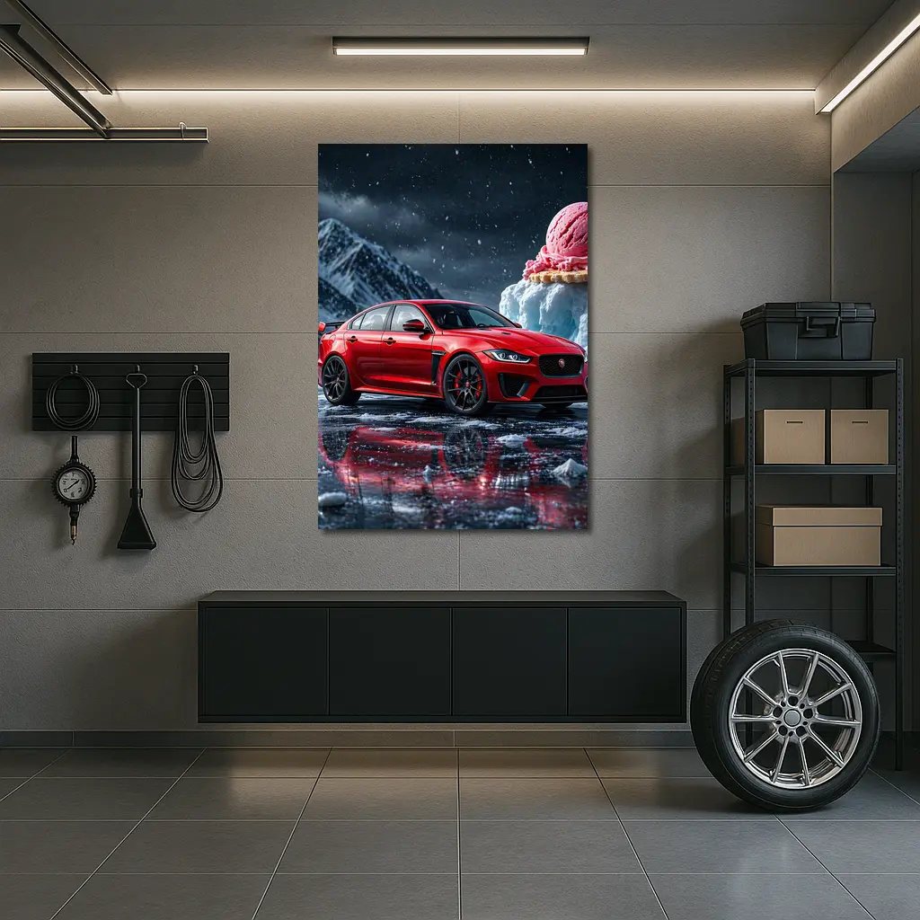 Jaguar XE SV Red Car Icy Mountain Scene – Wall Art