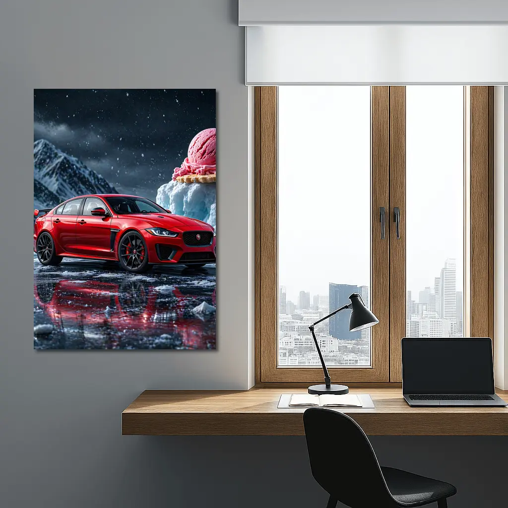 Jaguar XE SV Red Car Icy Mountain Scene – Wall Art