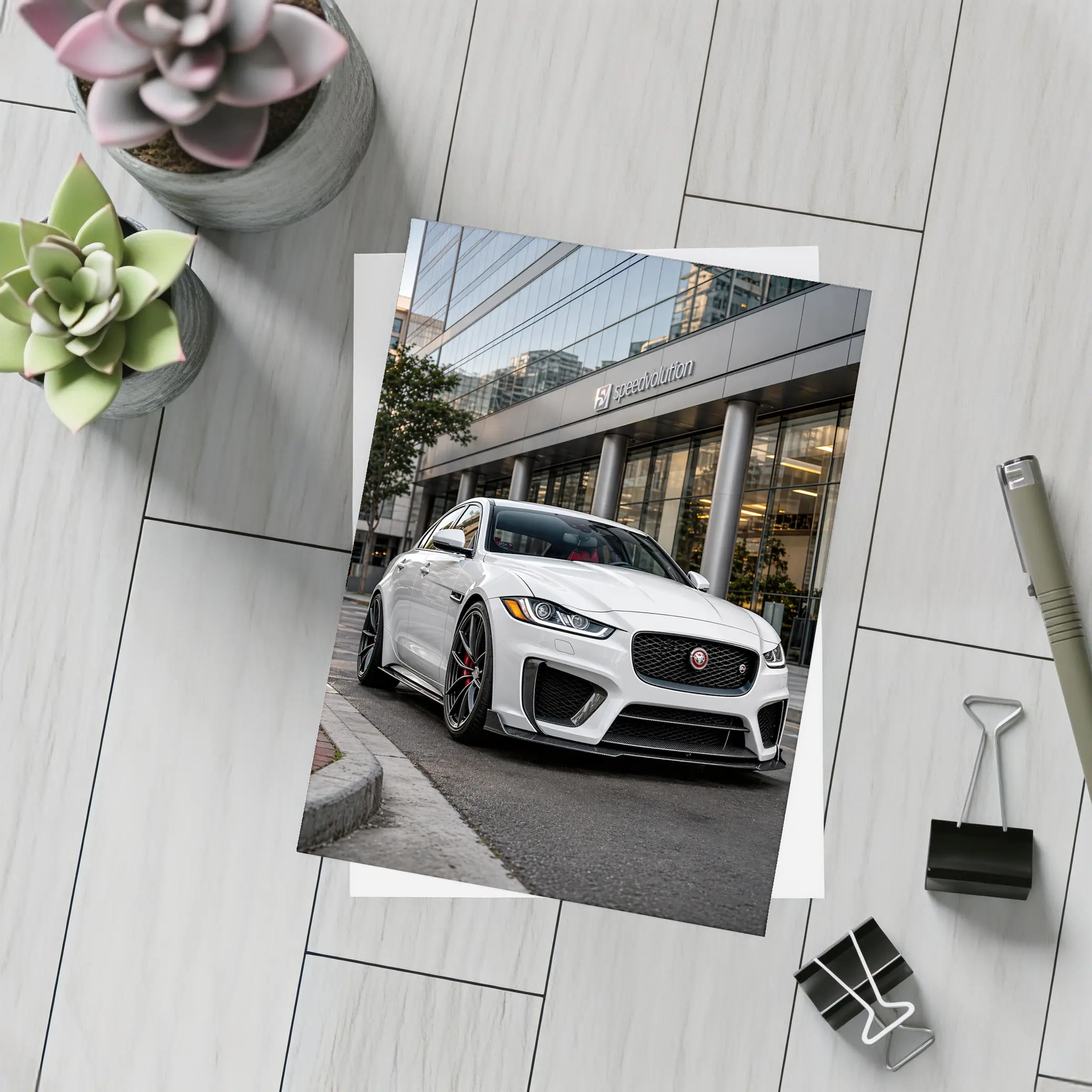 Jaguar XE White Sedan Urban City Street – Postcards