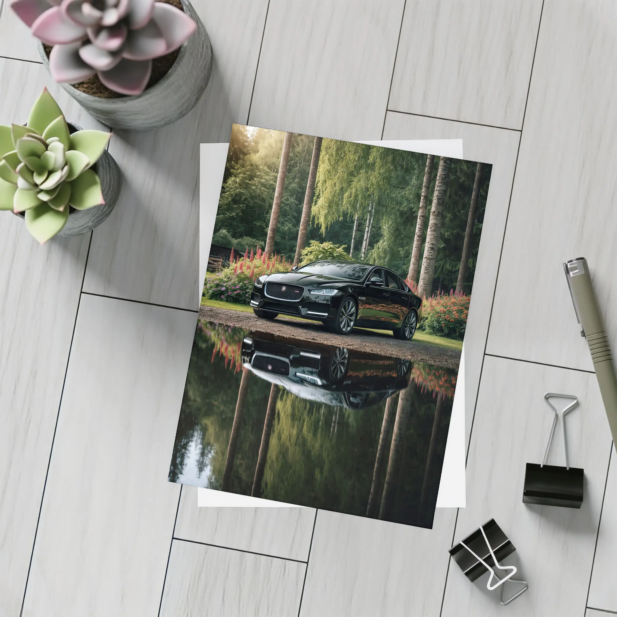 Jaguar XF Black Sedan Forest Reflection – Postcards