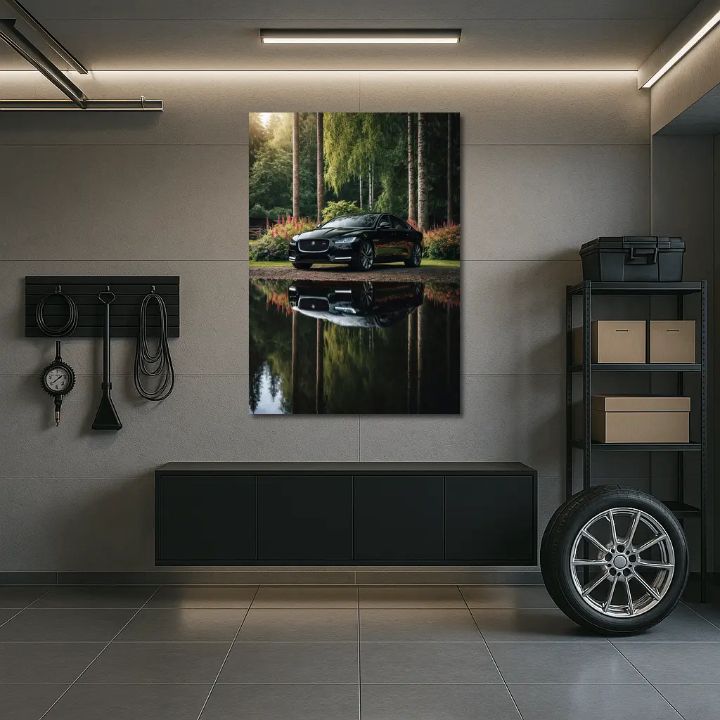 Jaguar XF Black Sedan Forest Reflection – Wall Art