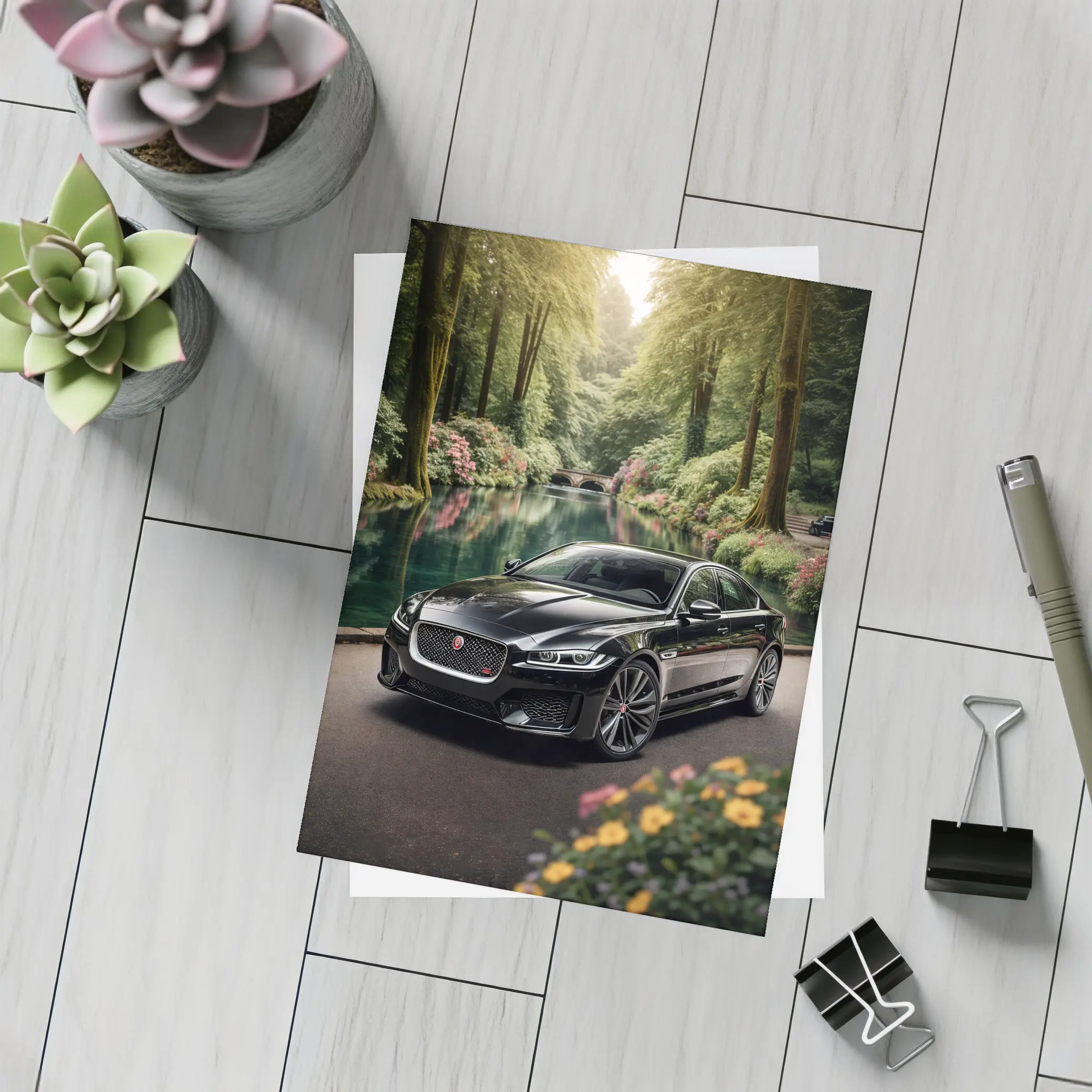 Jaguar XF Black Sedan Forest River – Postcards
