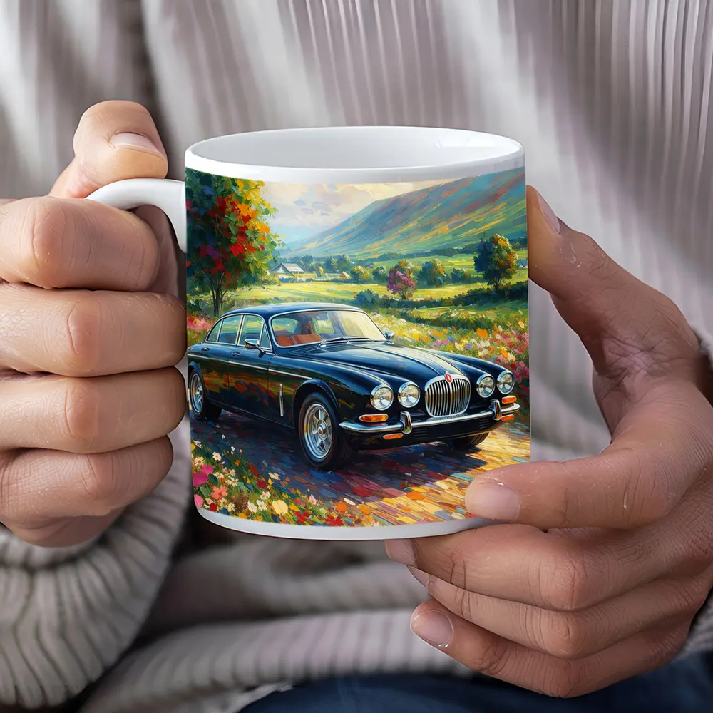 Jaguar XJ Classic Car Impressionist Countryside Painting – Mugs