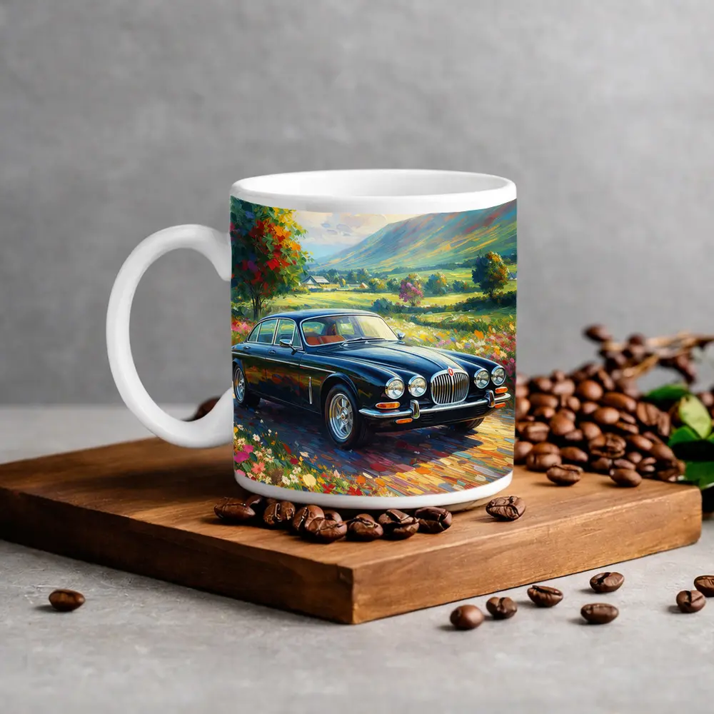 Jaguar XJ Classic Car Impressionist Countryside Painting – Mugs